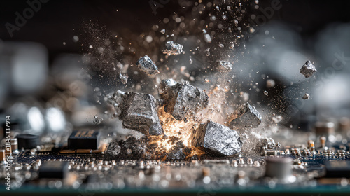 Exploding gallium on a modern circuit board at night