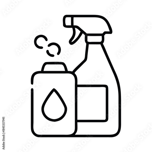 Simple black line icon representing household cleaning supplies including a spray bottle and liquid soap container