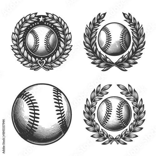 baseballs framed by laurel wreaths Set collection bundle sketch engraving generative ai vector illustration. Scratch board imitation. Black and white image.