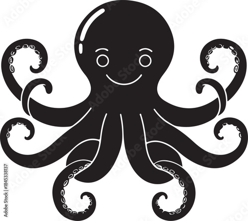 Minimal silhouette style vector octopus logo design featuring clean black shapes, simple flowing line art, modern minimalist sea creature icon ideal for branding, marine businesses, seafood brands, cr