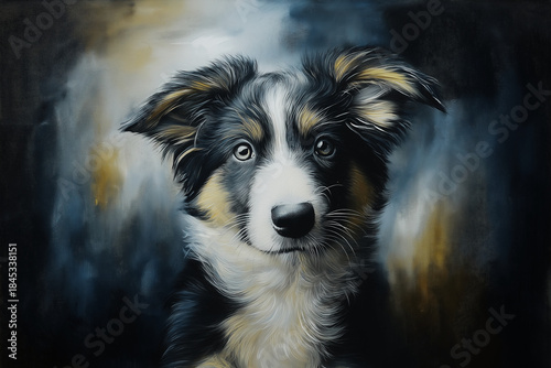 Realistic Puppy Portrait Painting With Dramatic Light and Textured Background (PNG 7344×4896)