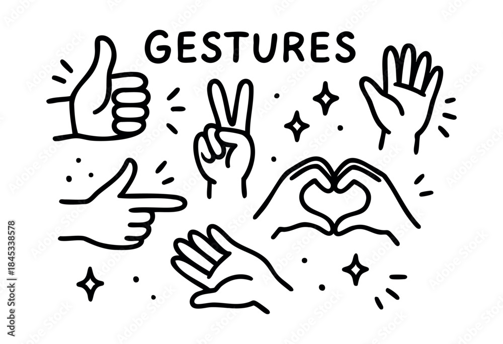 Obraz premium A set of outlined, cartoon-style hand gestures including thumbs up, peace sign, pointing finger, heart hands, and an open palm, with decorative elements, on a white background — stock vector.