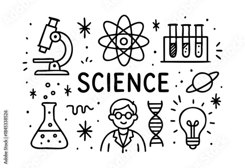 A whimsical hand-drawn illustration featuring essential science elements like a microscope, test tubes, atom, and scientist, centered around the word 'SCIENCE' — stock vector.