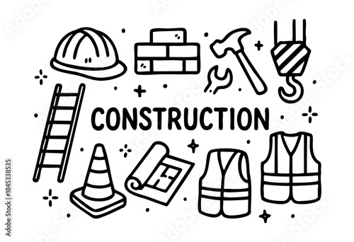 A playful hand-drawn black and white vector illustration depicting essential construction tools, safety gear, and building elements surrounding the word "CONSTRUCTION" — stock vector.
