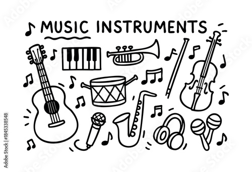 A charming black and white hand-drawn doodle collection featuring various musical instruments and notes, perfect for creative projects — stock vector.