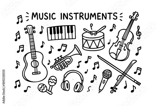 A playful, black and white outline illustration featuring a collection of various musical instruments and notes in a charming hand-drawn style — stock vector.