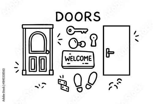 Outline vector illustration showcasing different door types, keys, a welcome mat, footprints, and hinges, capturing home and access themes — stock vector.