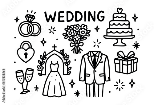 A charming collection of hand-drawn wedding icons, including rings, cake, bouquet, dress, suit, and champagne flutes, perfect for invitations and romantic designs — stock vector.