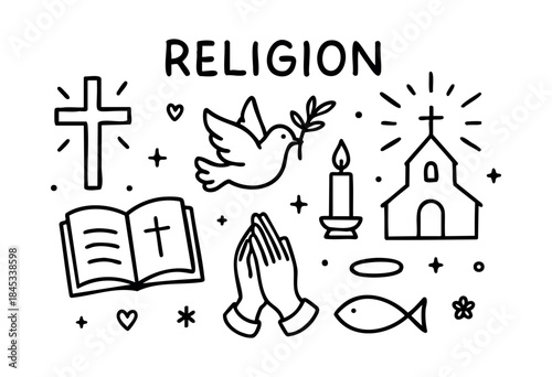 A hand-drawn collection of Christian religious symbols and elements including a cross, church, bible, dove, candle, praying hands, and fish, with the word "RELIGION". — stock vector.