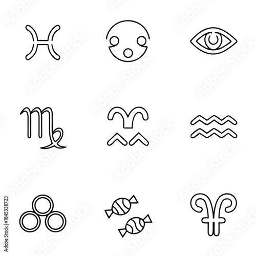 Collection of nine simple black outline icons representing astrology symbols and miscellaneous objects