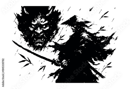 A fierce samurai warrior with a katana stands against the ominous spirit of an oni demon in a striking sumi-e brushstroke style, with falling bamboo leaves — stock vector.