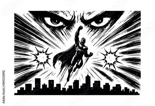 A powerful superhero in mid-flight, silhouetted against a dynamic radial background with intense, watchful eyes above a striking city skyline, rendered in a bold comic book art style — stock vector.