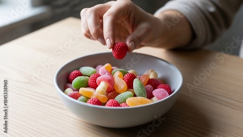 Scandinavian sweets fruity gummies casual minimalistic dessert moment, nordic treats