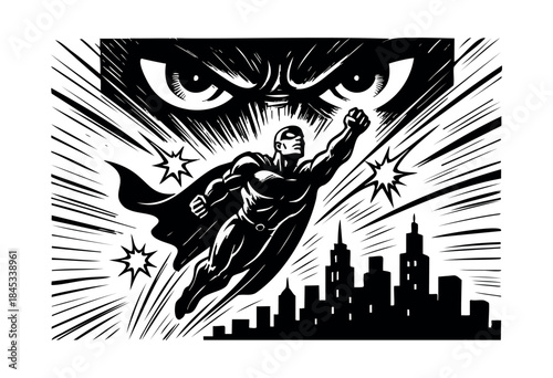 A powerful superhero in mid-flight, silhouetted against a dynamic radial background with intense, watchful eyes above a striking city skyline, rendered in a bold comic book art style — stock vector.