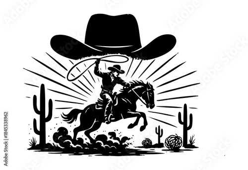 Dynamic black and white vector illustration of a cowboy on a bucking horse, lassoing in a desert landscape with cacti and a large hat overhead — stock vector.