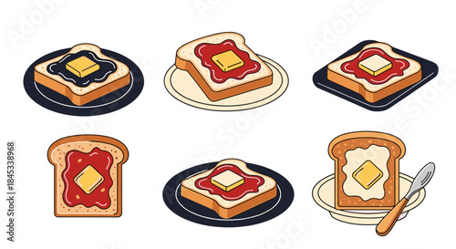 Collection of Delicious Toasts with Butter and Jam.