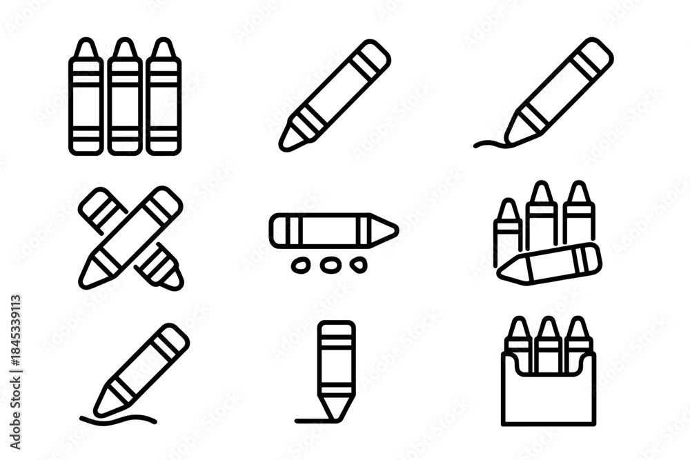 Fototapeta premium Black outline icons of crayons and various drawing tools for art and education