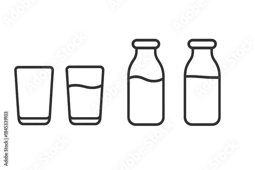 Set of outline icons showing empty and full milk glass and bottle shapes