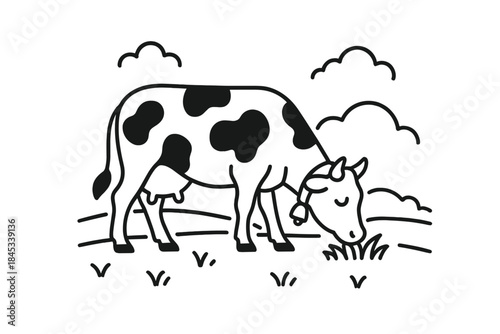 Black and white spotted cow grazing in green pasture under stylized clouds