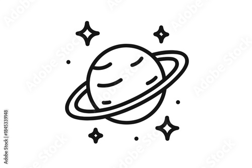 Outline icon of a ringed planet with surrounding stars and small dots