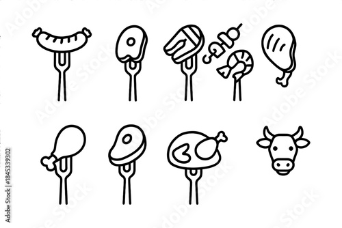 Meat and Poultry Icons on Forks with Bovine Head Symbol
