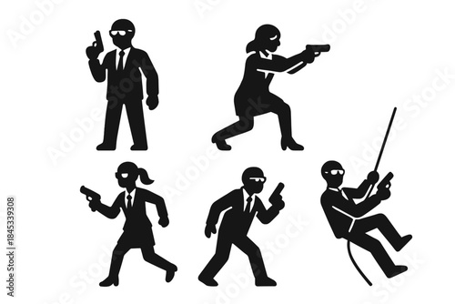 Silhouettes of secret agent and bodyguard figures in dynamic action poses with weapons