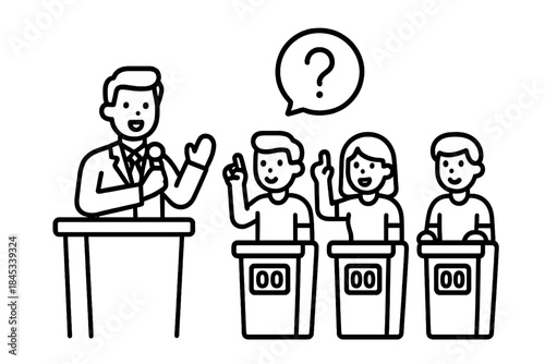 Game show host and contestants standing at podiums ready to answer