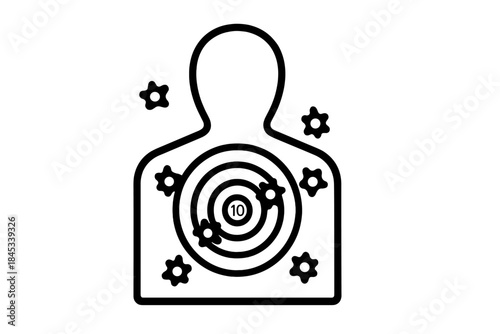 Human silhouette target with bullseye and impact marks outline icon