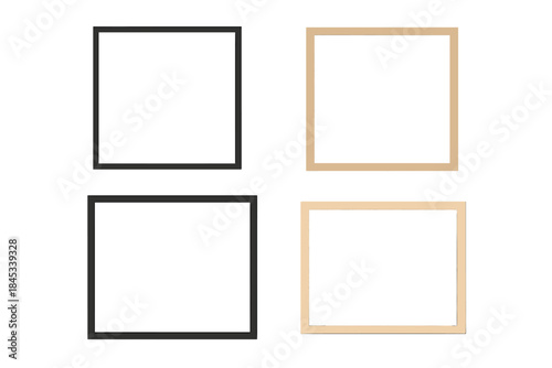 Four blank picture frames with black and natural wood finishes