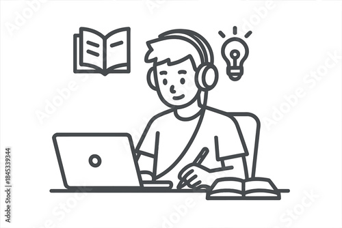 Student wearing headphones studying on laptop with glowing idea lightbulb above