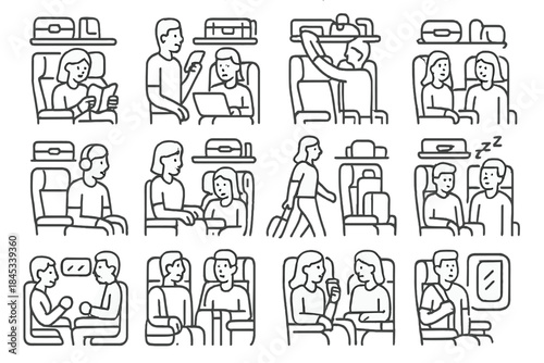 Passenger activities and situations inside modern airplane cabin during travel