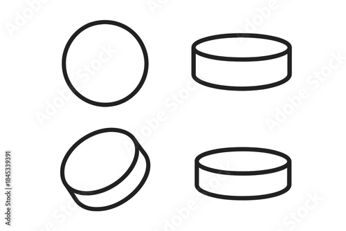 Four black outline icons showing puck shapes from various perspectives