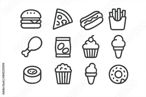 Twelve popular fast food and dessert line icons for menus and casual dining