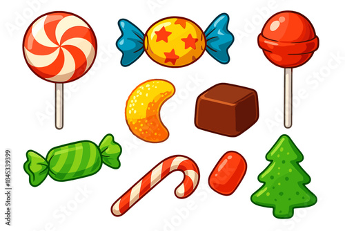Assortment of colorful sweet candies and holiday treats icons