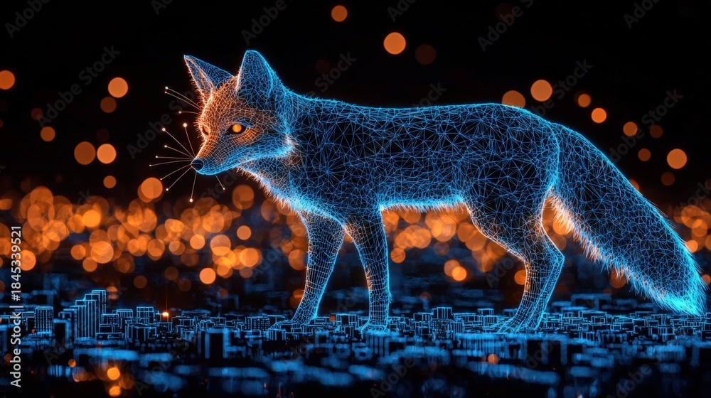 Naklejka premium Digital wolf sculpture blending technology and nature in a futuristic cityscape