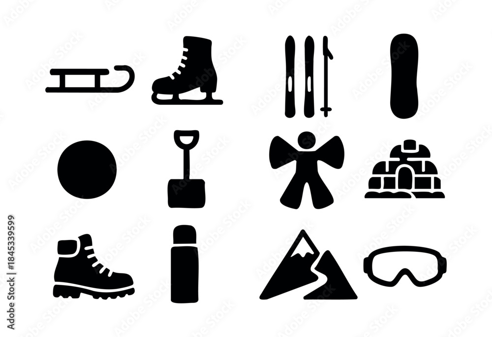 Obraz premium A comprehensive collection of black silhouette icons representing various winter sports, outdoor activities, and cold weather essentials — stock vector.