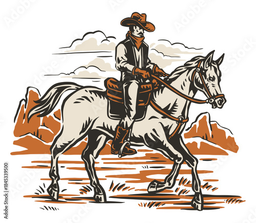 Cowboy riding horse in desert