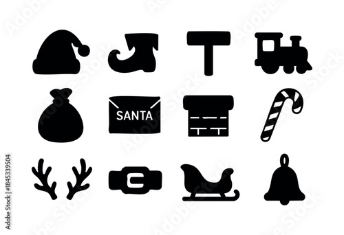 A set of minimalist black silhouette icons representing classic Christmas and Santa Claus holiday elements, isolated on a white background. — stock vector.