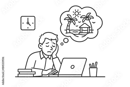 Tired worker dreaming of tropical vacation escape from daily routine