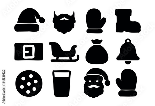 A collection of black silhouette icons featuring various Christmas and Santa Claus related elements like a hat, beard, sleigh, and treats on a white background — stock vector.