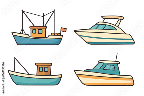Four stylized cartoon icons of fishing and motor boats