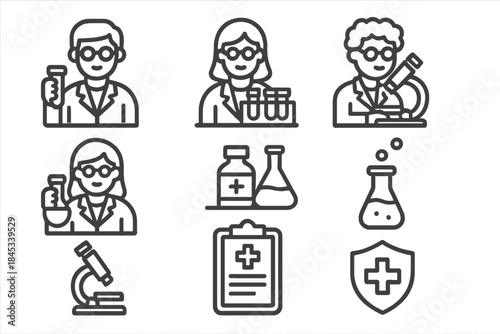 Collection of science and medical laboratory line icons showing researchers and equipment