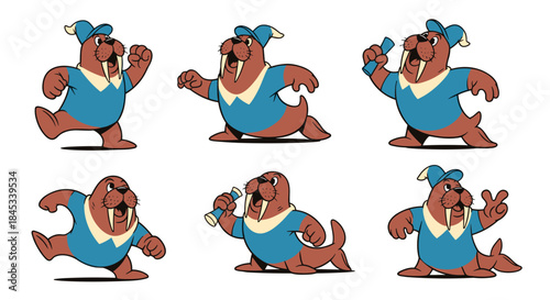 Set of six cartoon walrus characters in various poses and actions.