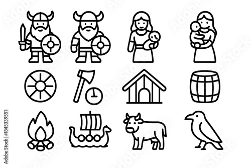 Outline icons of Norse Viking historical figures and cultural elements