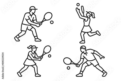 Male and female tennis players in various action poses