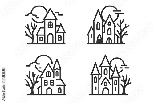 Four spooky haunted house icons with bare trees and full moon