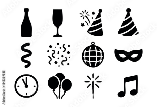 A comprehensive collection of black silhouette icons representing various celebration and party elements like drinks, decorations, music, and countdowns — stock vector.