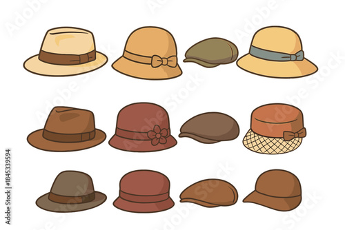 Collection of vintage style hats including fedora cloche and flat caps