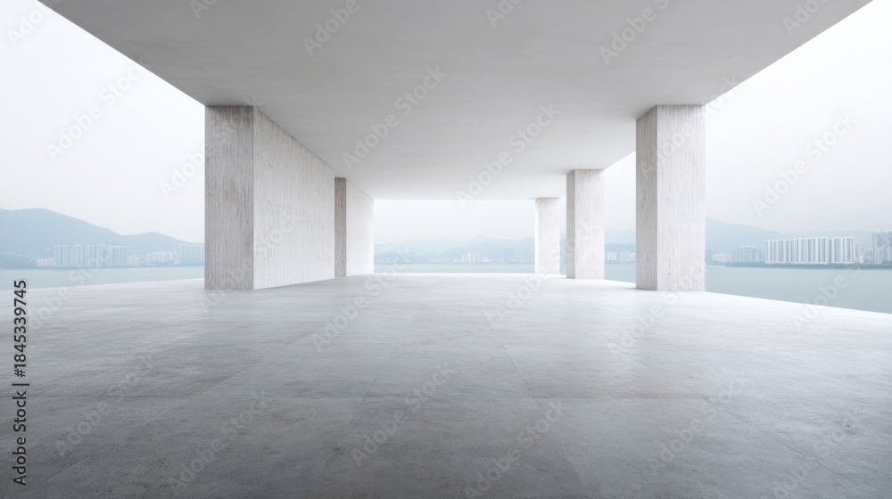 Naklejka premium Spacious interior features minimalistic design with soft light streaming through open spaces, revealing a breathtaking view of the calm water and distant mountains