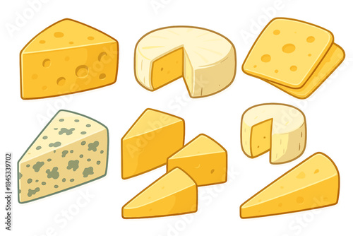 Isometric assortment of various cheese types and cuts